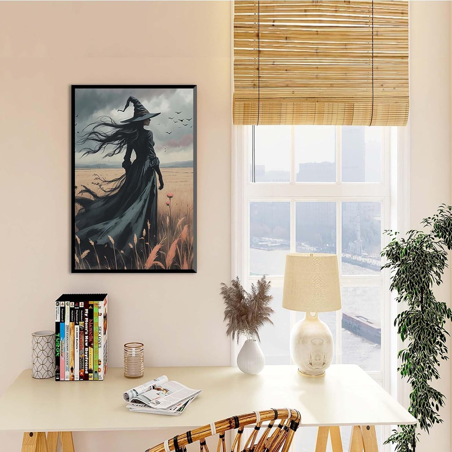 JFHCQJPK Gothic Decor Canvas Wall Art Witch in Rice Field Halloween Art Decor Print Nature Print Victorian Home Bedroom16x24in Metal blackFramed