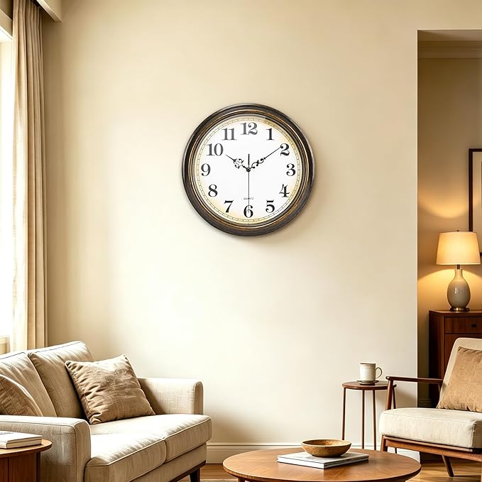 Yoiolclc Wall Clock Battery Operated Silent Non-Ticking Vintage Wall Clocks for Kitchen, School, Living Room (12Inch, Bronze)