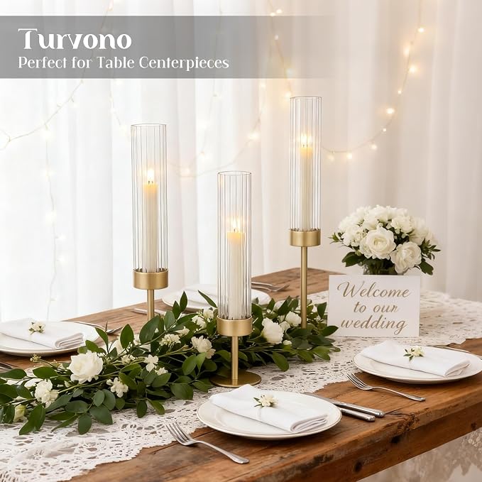 Gold Hurricane Candle Holders Set of 3, Brass Taper Candle Holders for Candlesticks, Elegant Tall Candle Sticks Holder Decor for Table Centerpiece, Wedding & Christmas Decorations