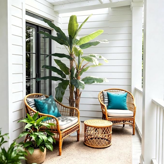 7FT Artificial Banana Tree with Realistic Banana Leaves Large Faux Tropical Plant Artificial Plants Outdoor Fake Tree for Patio Balcony Garden Home Office Indoor Decor (with Faux Moss)