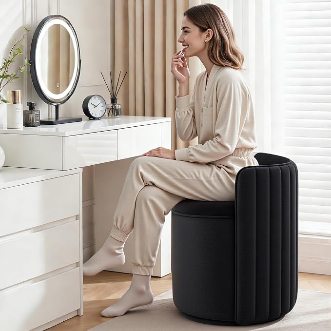 Vanity Chair with Storage, 360° Swivel Velvet Makeup Stool with Wave Backrest, Modern Round Upholstered Closet Stool, No Assembly for Bedroom, Dressing Room & Living Room, Black
