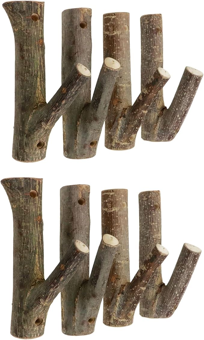 8Pcs Real Wood Tree Branch Wall Hook, Farmhouse Rustic Decorative Wooden with Bark Trunk Thickness 2cm-3cm with Screw