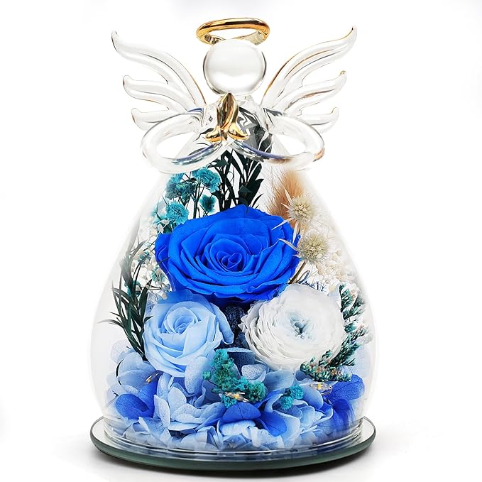 Blue Preserved Rose Angel Figurine, Get Well Soon Gifts for Women, Christian Sympathy Memorial Decor, Healing Real Flower Present for Her