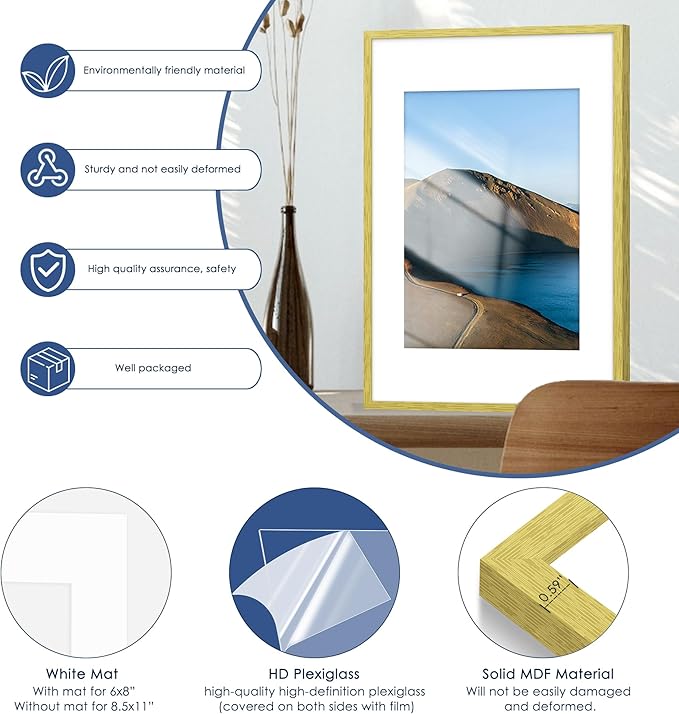 PEALSN 11x17 Picture Frame Set of 6, Display Pictures 8x12 with Mat or 11 x 17 without Mat for Wall Mounting Display, Photo Frames Collage for Wall Decor, Gold