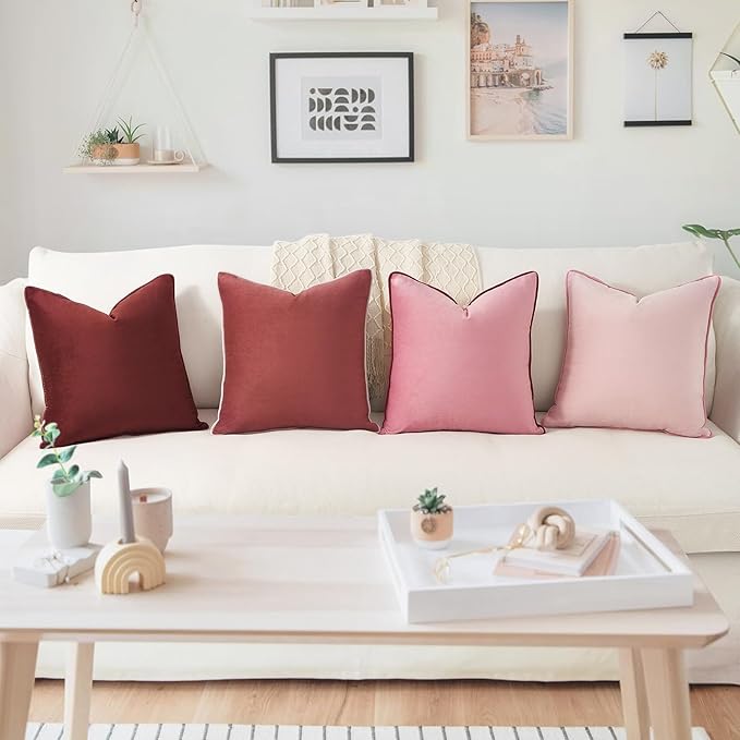 MONDAY MOOSE Decorative Throw Pillow Covers Cushion Cases, Set of 4 Soft Velvet Modern Double-Sided Designs, Mix and Match, Pillow Inserts Not Included (22x22 inch, Pink/Dark Pink)