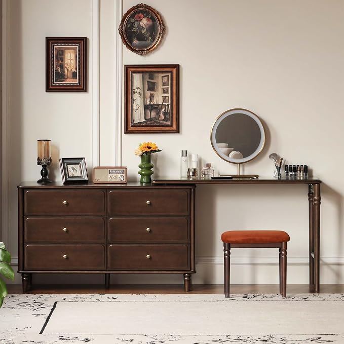 97" Large Vanity Desk with 6 Drawers, Poplar Wood Makeup Table for Bedroom, Space-Saving Narrow Design for Living Room, No Chair No Mirror