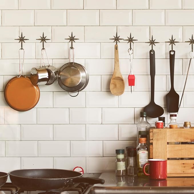 3 Pcs Cast Iron 8 Pointed Atomic Starburst Cute Wall Hooks Mid Century Star Hooks Modern Decor Easy Install Decorative Towel Hook for Coats Aprons Hats Vintage and Eclectic Decor