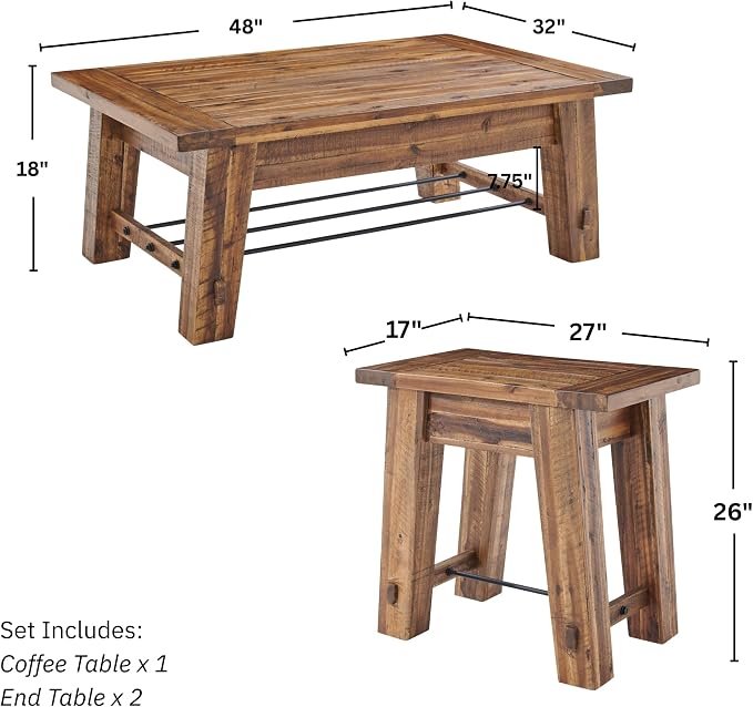 Alaterre Furniture Durango Solid Wood Coffee Table Set of 3, Rustic | Living Room Table Set Include 48-Inch Coffee Table and 2 27-Inch End Tables with Sturdy Metal Accents and Storage Shelf