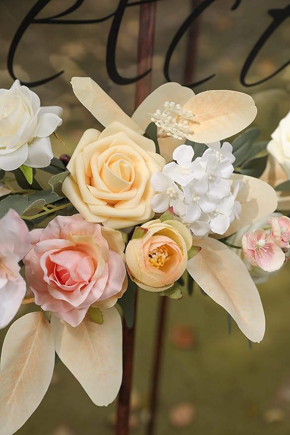 rongflower Artificial Flowers Combo Box Set Faux Fake Flower Leaf with Stems Arrangements for DIY Wedding Bouquets Party Table Centerpieces Home Decorations Yellow Pink