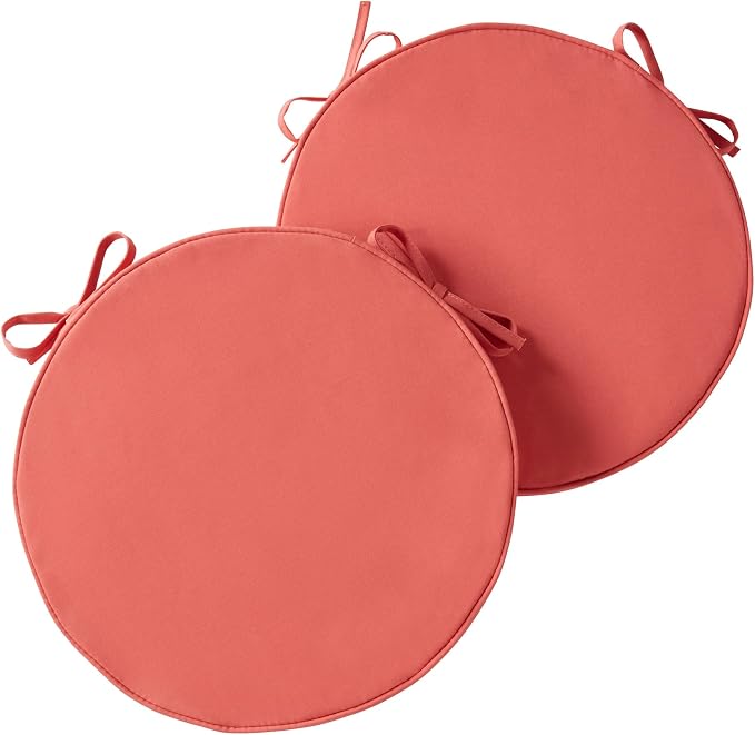 Set of 2 Outdoor 18 inch Round Patio Dining Chair Pads – Comfortable Fiber-Filled Seat Cushions with Ties, Reversible Polyester Fabric, Coral