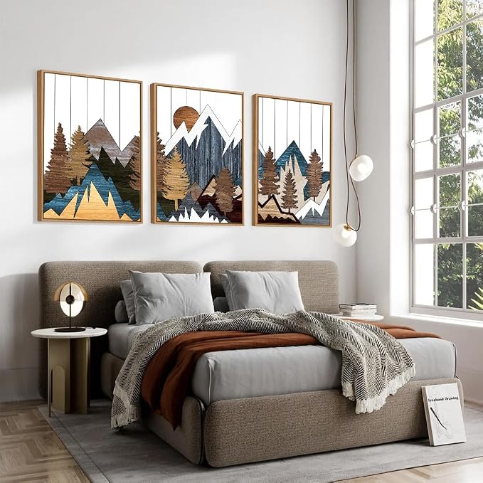 CHDITB Mountain Wall Art Prints Set, Country Woodcut Wall Decor, Rustic Forest Pictures Artwork, Nature Landscape Decoration, National Park Framed Canvas Paintings For Living Room Bedroom 16"x24"X3