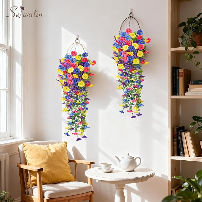 Serwalin Artificial Hanging Flowers for Outdoors UV Resistant, 4PCS Faux Morning Glory Fake Outdoor Flowers Realistic Silk Flower Faux Plants for Outside Planter Front Door Porch Patio Yard Decor