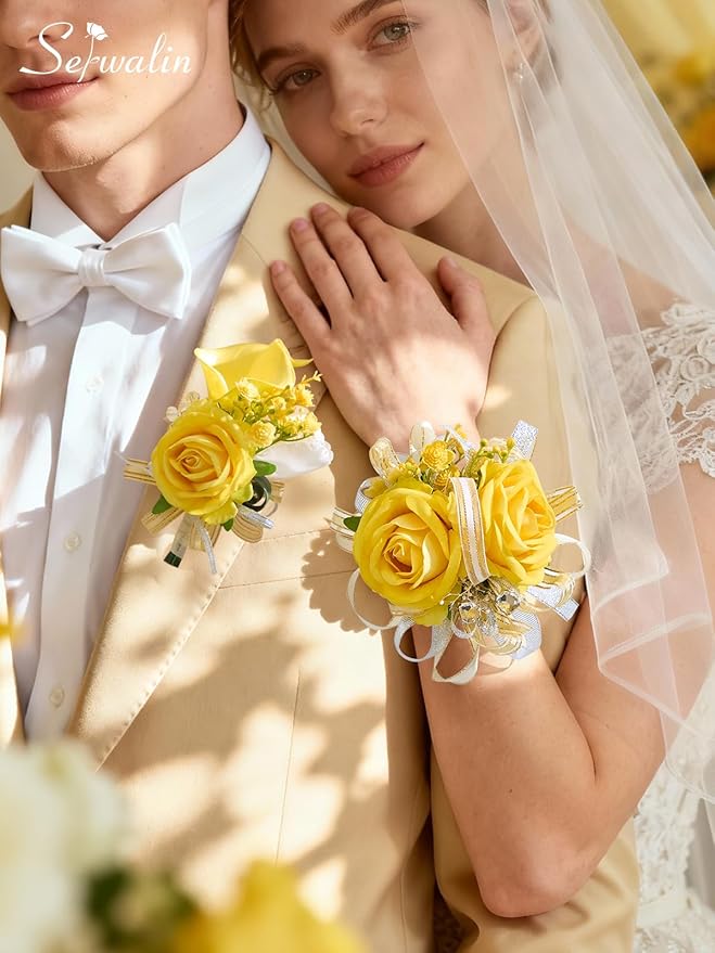Serwalin Yellow Prom Corsage and Boutonniere Set, Artificial Calla Lily & Rose Wrist Corsage Wristlet for Homecoming, Formal Dance, Wedding Flowers Accessories Party Suit Decorations