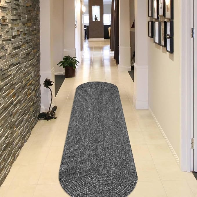 Superior Indoor/Outdoor Runner Rug, Reversible Braided Floor Decor for Living Room, Kitchen, Patio, Front Porch, Modern Boho Farmhouse Rugs, Hardwood, Bedroom Accessories, 2' x 8' Oval, Charcoal