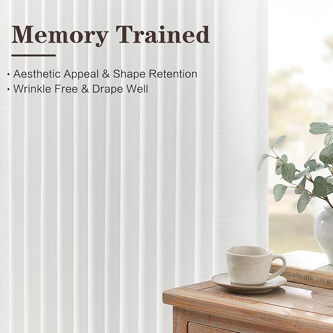 White Pinch Pleated Linen Curtains 96 Inches Long for Living Room, Light Filtering Pleat Drapes Textured Thick Ceiling Semi-Sheer Window Curtain with Hooks for Farmhouse Bedroom Balcony, 2 Panels