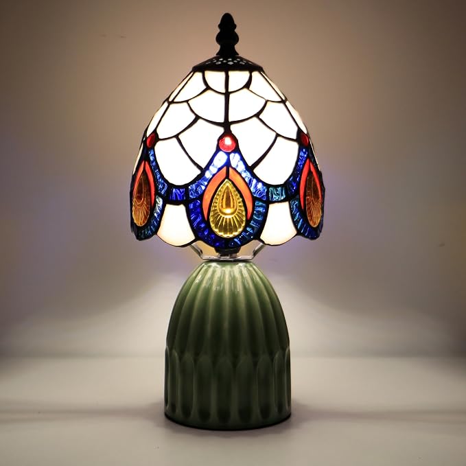 Tiffany Stained Glass Mushroom Table Lamp 12.5 Inch -Pink Peacock | Tiffany Lamp,6X6X12.5 Inch,Small Night Light,Ceramic Base, Mini Accent Light Suitable,Bedside,Bedroom, Children Room,Antique