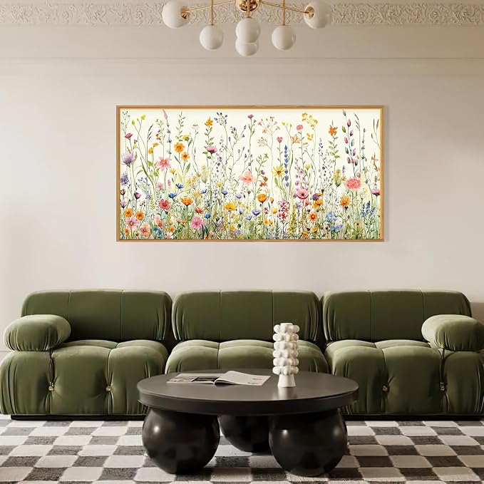 HPINUB Colorful Flower Framed Canvas Wall Art Set, Watercolor Daisy Floral Wall Decor, Wildflower Green Leaf Wall Painting, Multicolour Botanical Art Print for Living Room, Bedroom, Office -20"x40"