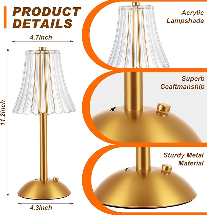 Liliful 2 Pcs Cordless Table Lamp Rechargeable Touch LED Small Gold Portable Battery Operated USB-c Desk Lamp 3 Color Dimmable for Bedroom Living Room Dining (Gold,Rose Style)
