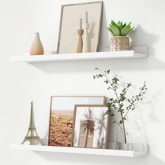 FLYJOE Picture Ledge Shelf, Floating Shelves Set of 2, 30 Inches Nursery Book Shelves for Toys Storage, Kids Bookshelf Wall Mounted for Living Room Bedroom Decor Books Photo Frames, White