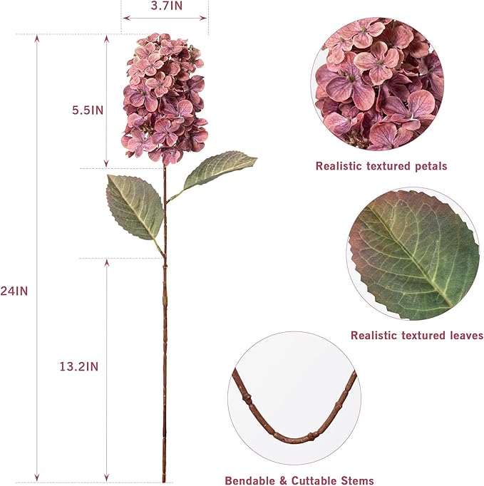 Ttranewsoo Burgundy Hydrangea Artificial Flowers,Fall Hydrangeas Artificial Flowers, Fake Fall Dried Hydrangea Decoration,Faux Silk Flower with Stems Winter Decor(Red Rose 24" 8pcs) Without Vase