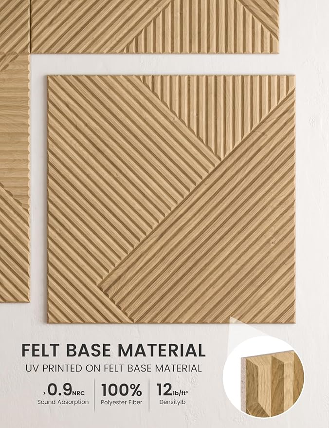 Fluxynara Large Felt Bulletin Board,Cork Board Alternative 70.87'' x 47.24'' Art Acoustical Wall Panels-6 Pack with 60 Adhesive Tabs,for Recording Studio/Home Offices-Natural Oak/Diamond Chevron