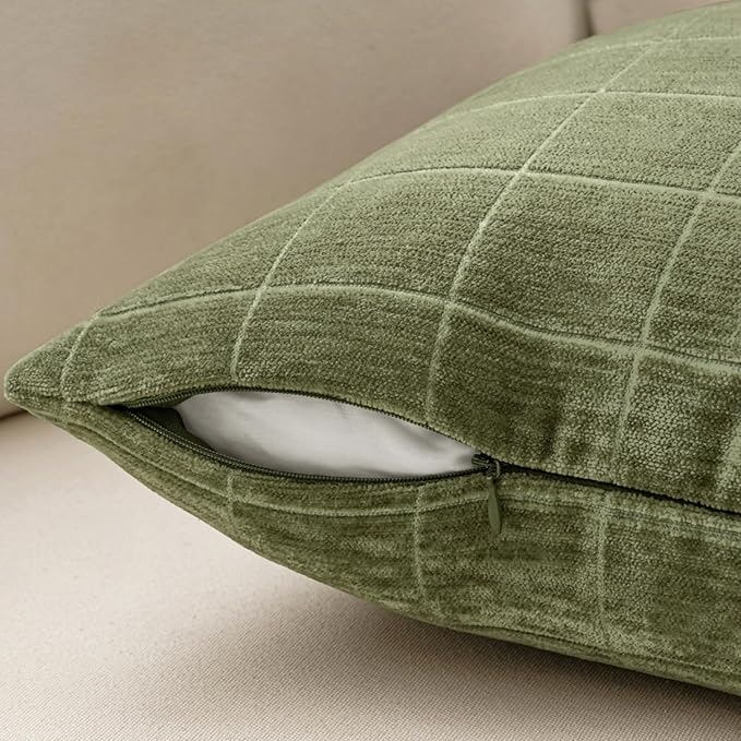 MIULEE Decorative Chenille Check Throw Pillow Covers Vintage Plaid Couch Pillows 18x18 Inch Set of 2 Neutral Boho Farmhouse Cushion Covers Modern Spring Decor for Sofa Bed Living Room Sage Green