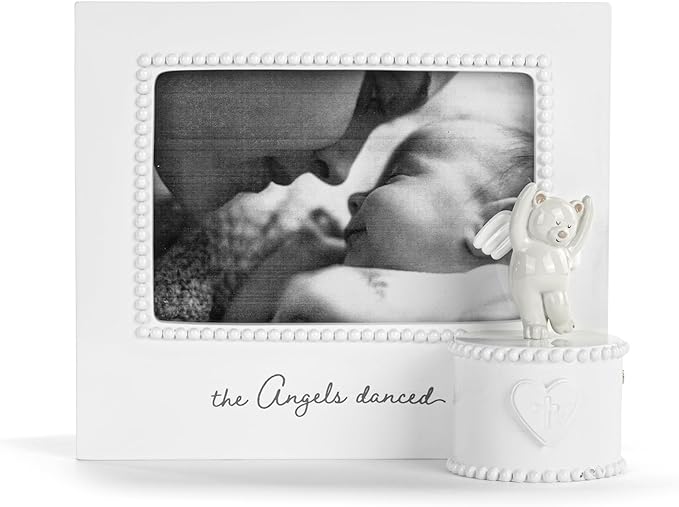 DEMDACO Musical Frames Collection Angels Danced White Beaded 8 x 7 Resin Keepsake Baby Picture Frame with Angel Bear Figurine & Trinket Box – Christening, Newborn, or Memorial Gift, Holds 4x6 Photo