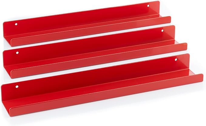 Vinyl Record Shelf - 3 Metal Display Shelves - Wall Mount Now-Playing Vinyl Shelves - an Album Record Holder That Doubles as a Picture Ledge - Fits All Records (Red)