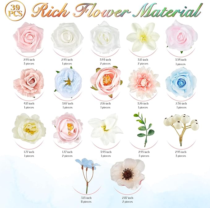 Artificial Flowers Combo Box, 39PCS Fake Flowers, Silk Flower Mix with Wire Stem, DIY Wedding Bridal Bouquet for Arrangement, Shower Party Home Décor, Soft Pastel Mix