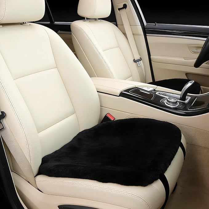 OGLAND 20 inchs Fluffy Genuine Australia Sheepskin Car Seat Cover for Auto Interior Accessories with Soft Fuzzy Wool Cushion Natural Fur (Black, Front)
