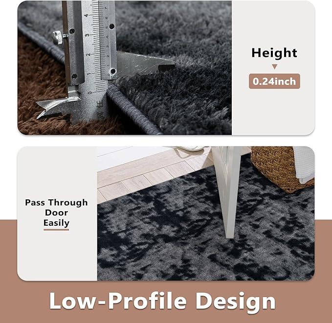 FinRèc 6x9 Washable Area Rugs for Bedroom Living Room, Low Pile Thin Ultra Soft Shag Rug, Non-Slip Carpet Indoor for Home Decor (Tie-dye Dark Grey)