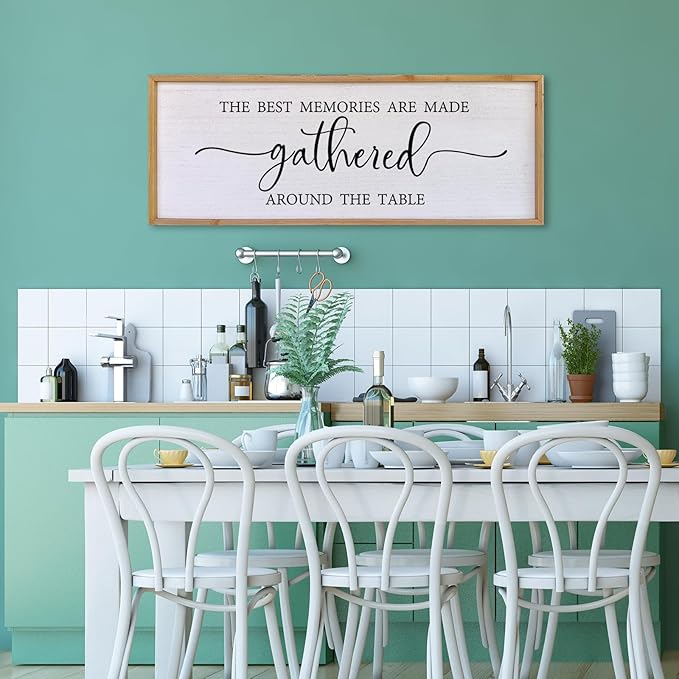The Best Memories Are Made Gathered Around The Table Wall Decor 40"x15" Large Rustic Farmhouse Dining Room Wood Framed Modren Signs Kitchen Home Simple Hanging Wall Art (Wood)