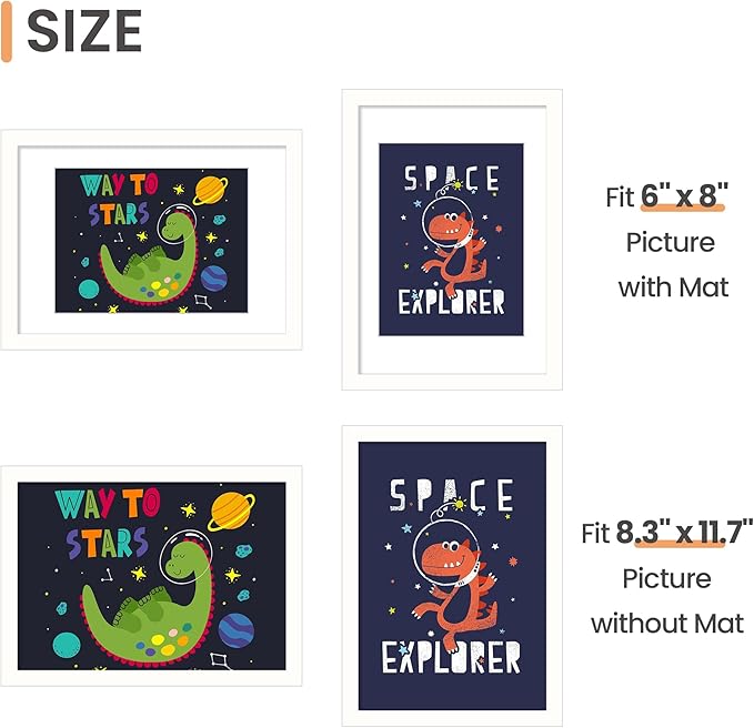 upsimples A4 Picture Frame, Display Pictures 6x8 with Mat or 8.3 x 11.7 Without, Wall Hanging Photo Frames, White, 1 Pack