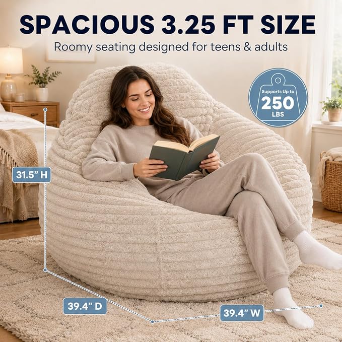 Simple Deluxe 3.25 ft Faux Fur Memory Foam Bean Bag Chair, Large Comfy Lazy Chair for Adult with Memory Foam Filled & Washable Cover, Perfect for Reading Gaming in Living Room Bedroom, Taupe