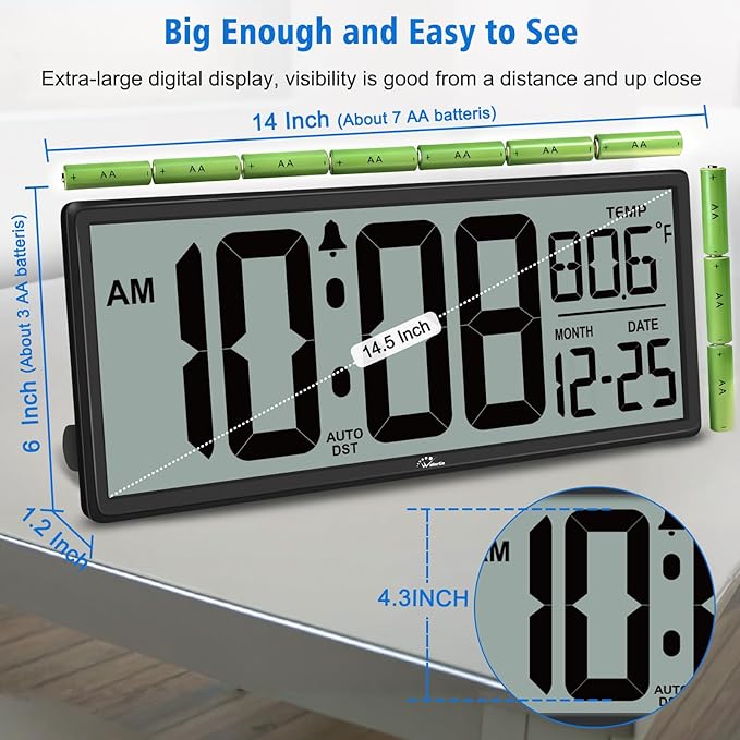 WallarGe Backlight Digital Wall Clock Battery Operated - with Temperature and Date 14.5'' Large Digital Wall Clock, Easy to Read and Set, Auto DST