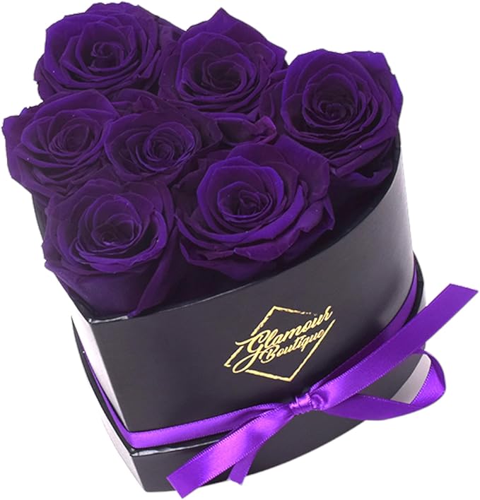 GLAMOUR BOUTIQUE 7 Flower Forever Heart Shape Box, Eternal Preserved Roses Gift for Her, Lasting Flowers, Petite Floral Heart Box for Birthday, Anniversary or Valentine’s Day, Purple (Color-Treated)