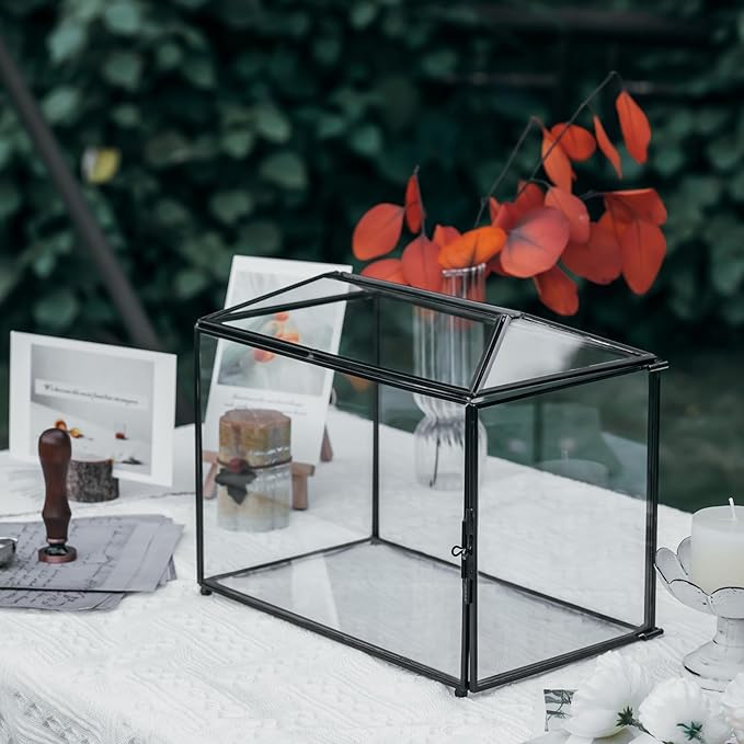 NCYP Small Wedding Glass Cards Box with Slot and Lock, 10.2 x 5.9 x 7.9 Inch, Black Geometric Cards Holder for Birthdays Party Reception, Wishing Well - Slot Length 6.3'' (Glass Box Only)
