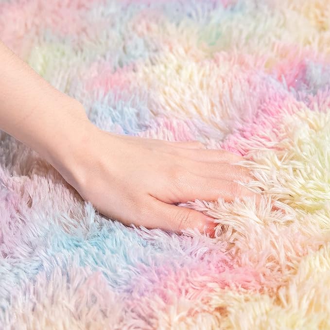 AROGAN Soft Rainbow Area Rugs for Girls Room 3x5 Feet, Fluffy Girls Bedroom Rugs, Princess Rug, Cute Colorful Carpet for Kids Teens Nursery Toddler, Pink