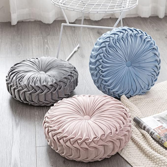 vctops Solid Velvet Seat Cushions Round Floor Pillows Thicken Chair Cushions Pleated Chair Pads Seat Pad Throw Pillows for Bedroom Living Room (Pink,Diameter 15")