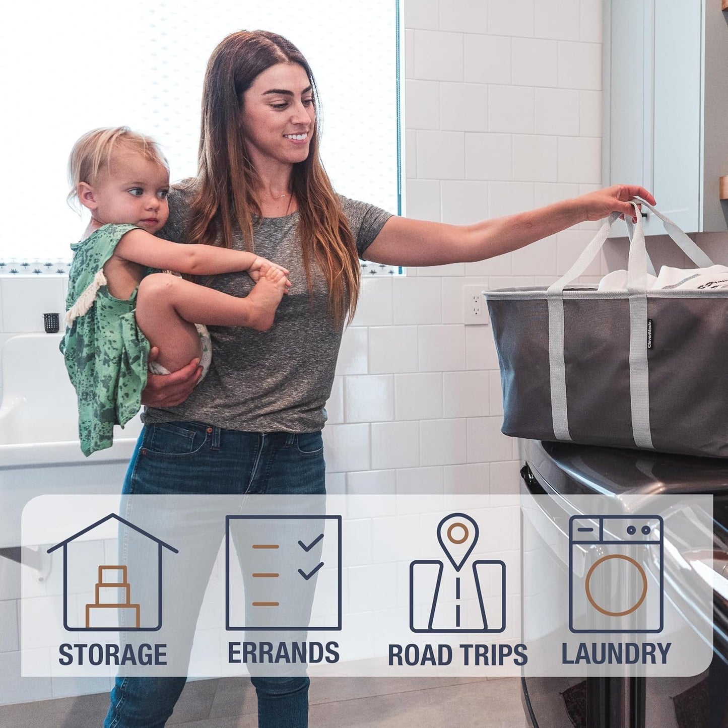 CleverMade Collapsible Laundry Tote - LUXE Navy Noir Cream 2Pack 50L - Foldable Storage Organization Container Clothes Laundry Room Storage Solution