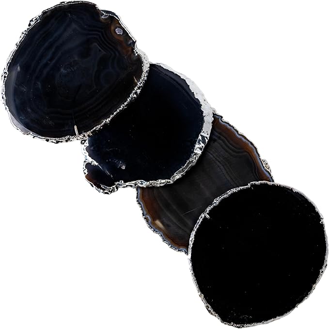Nature's Decorations Black Silver Rimmed Agate Stone Coasters - Set of 4, Polished Geode Drink Mats for Dining & Coffee Table & Kitchen Geode Decor Non-Toxic 3.5-4” Diameter