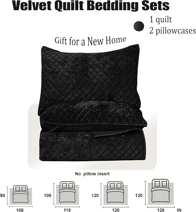 Velvet King Quilt Size Set 98x106 Luxury Ultra Soft Bedspread Coverlet 3-Piece King Comforter Sets with 2 Pillow Shams 20x36 Super Cozy for All Seasons Velvet Bedding Set, Black