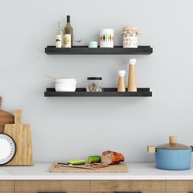 Picture Ledge Shelf for Wall, 24 inch Solid Pine Wood Nursery Book Shelves 2 Packs, Floating Ledge Shelves for Kids' Room Bedroom Bathroom Living Room Photo Frames Office Nursey Wall Decor, Black