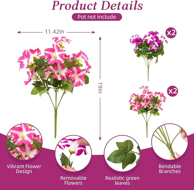 FULLMUSIC Spring Artificial Flowers for Outdoors, UV Resistant Fake Morning Glory, Look Real Faux Silk Plants for Front Door Garden Porch Planter