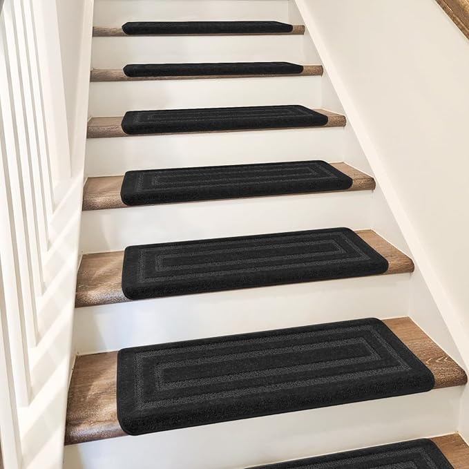 PURE ERA Bullnose Carpet Stair Treads Tape Free Non-Slip Indoor Stair Protectors Pet Friendly Stair Treads for Wooden Steps 9.5" x 30"(7 Pieces,Black Rectangular)
