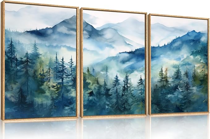 Blue Ridge Mountains Forest Framed Canvas Wall Art Set,Natural Landscape Wall Decor,Green Pine Trees Wall Painting,Abstract Woodland Artwork for Living Room,Bedroom,Office-24 x36 x3