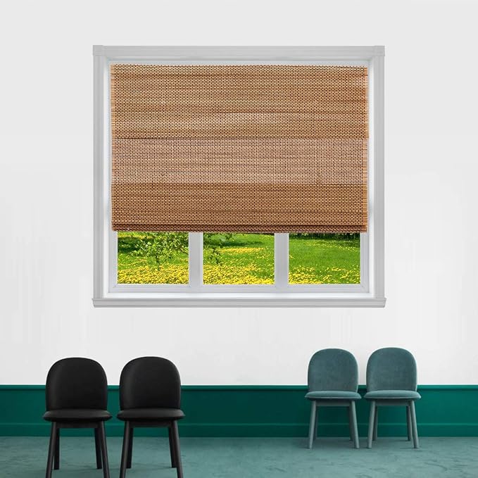 Cordless Bamboo Roman Window Blind Sun Shade, Light Filtering Shades with 8-Inch Valence - Natural Woven Bamboo (W24 x L64)
