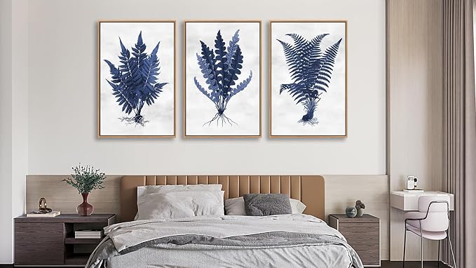 Large Botanical Wall Art for Living Room Natural Wood Float Framed Art Set of 3 Plant Pictures Boho Artwork Navy Blue Grass Canvas Prints for Bedroom Kitchen Home Office Wall Decor 32"X48"X3