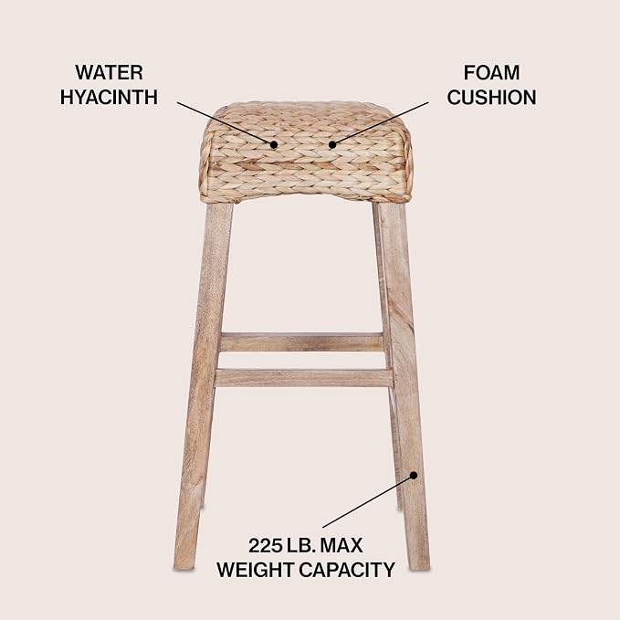 JONATHAN Y Maui Coastal Woven Water Hyacinth Bar Stool, Mango Wood Frame, 30" Backless Barstool for Kitchen Island with Integrated Footrest, Fully Assembled, Coastal, Natural BSL1101B