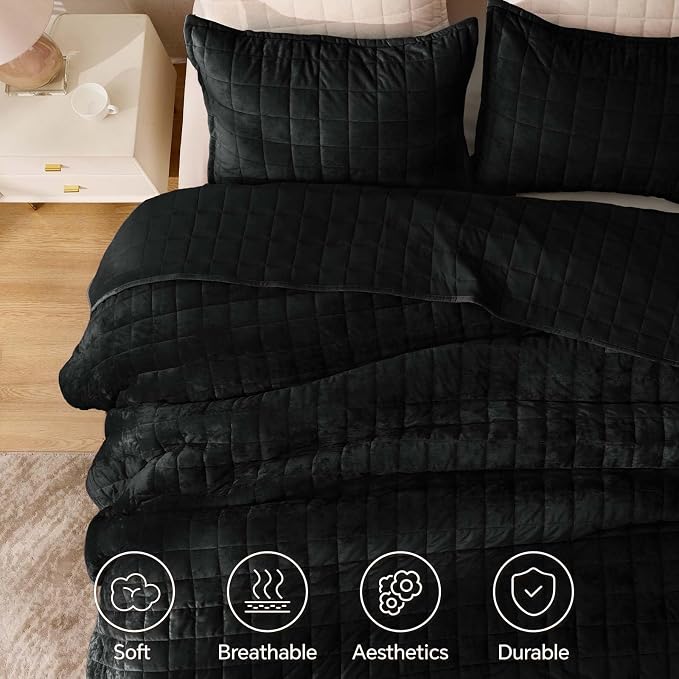 BEDELITE Velvet Quilt Set Queen Size - Luxury Soft Velvet Comforter Bedding Set for All Season, Lightweight Quilted Box Stitch Oversized Bedspread Coverlet with 2 Matching Shams, Black